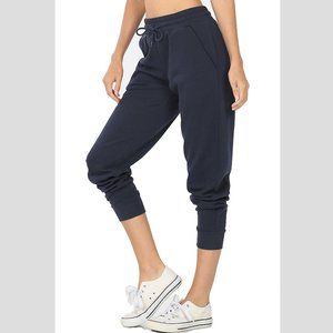 Navy Fleece Cropped Running Jogger Sweatpants